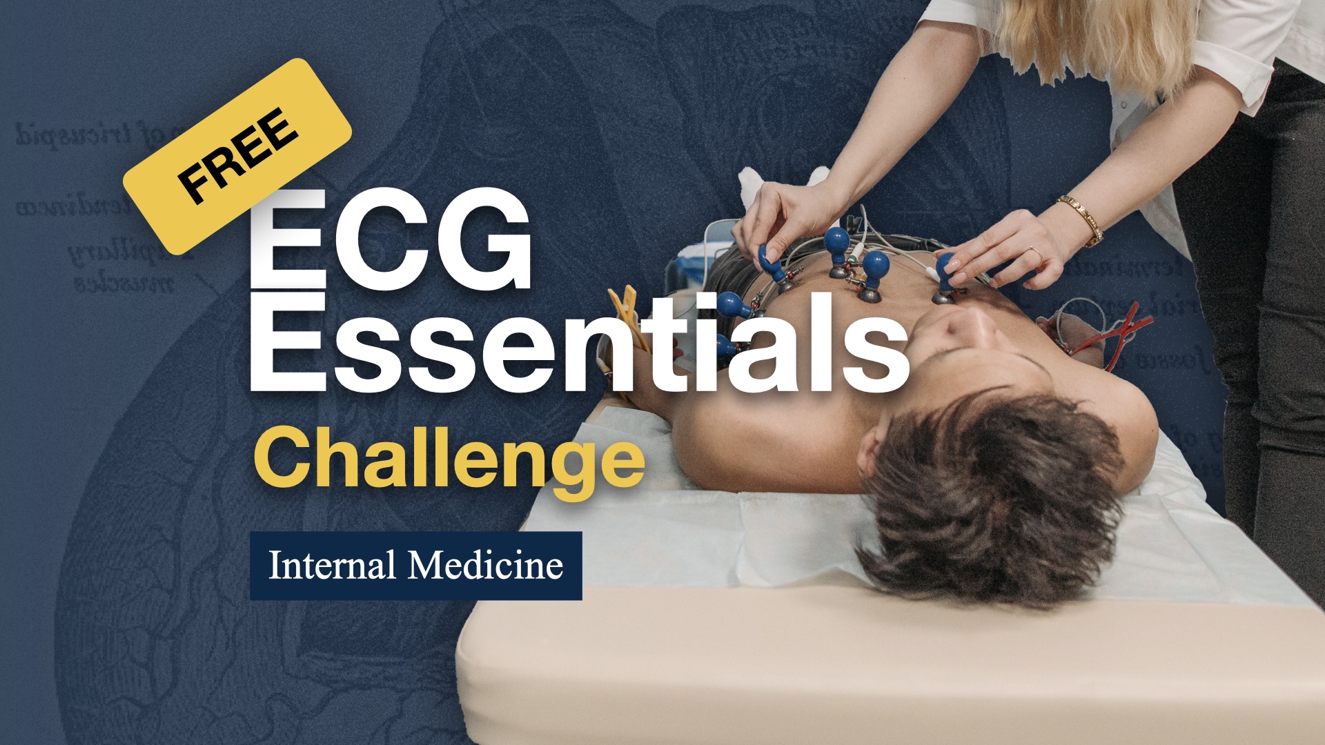 ECG setup in progress: woman applying chest electrodes to male patient.