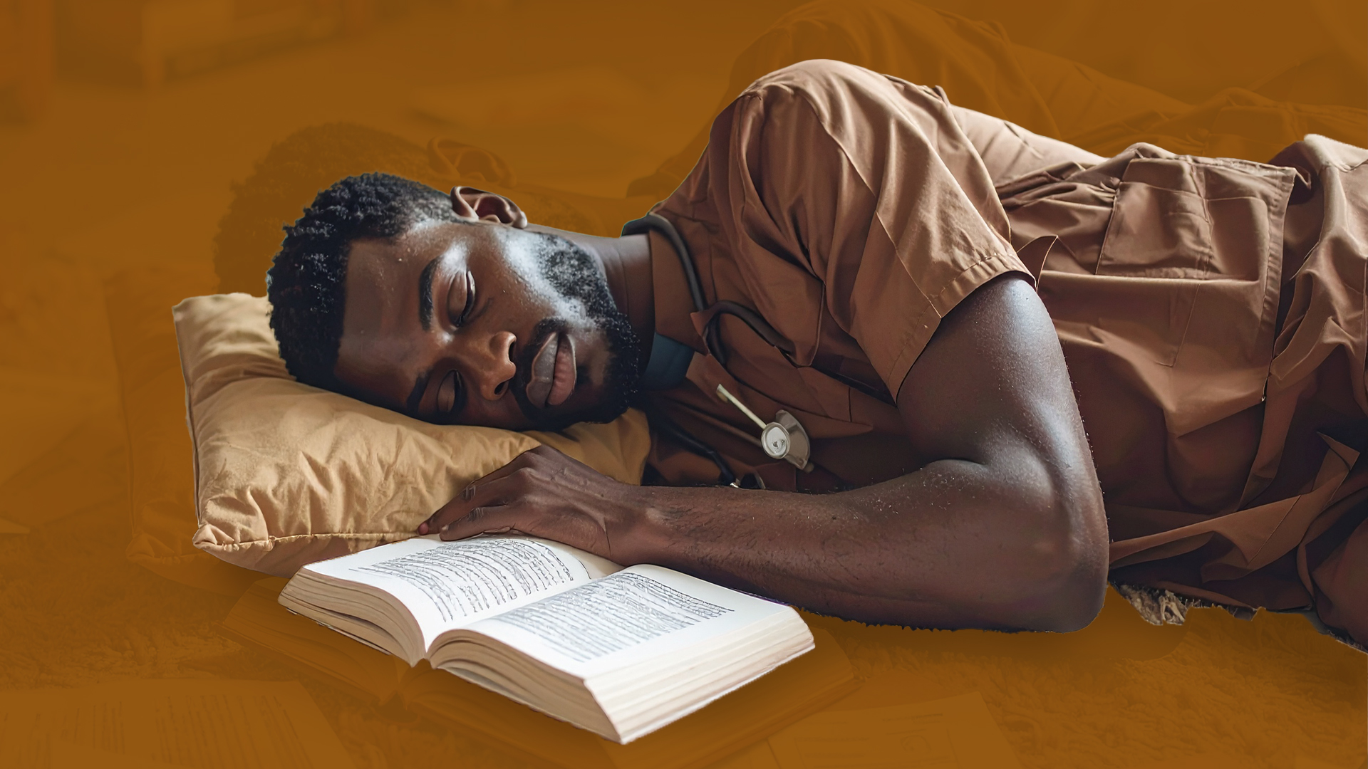 Medical student Prepare for Exams. Asleep on the floor surrounded by books