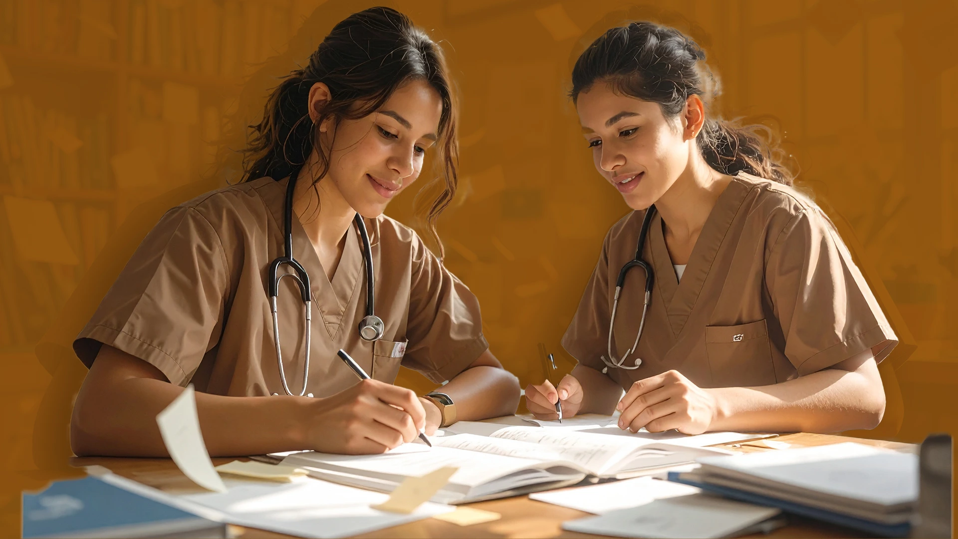 Medical student and doctor using strategies to Improve Learning while studying at a table surrounded by notes